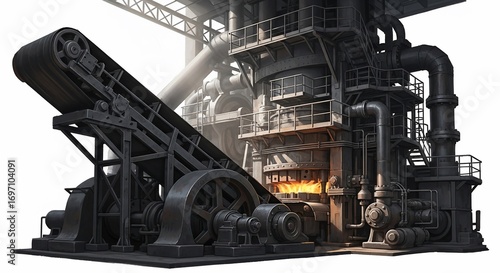 Industrial Furnace with Conveyor Belt and Complex Piping System Illustration
