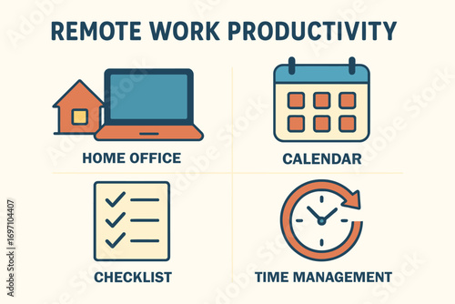 Remote work productivity icons home office calendar checklist time management