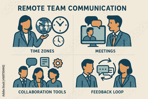 Remote team communication concepts time zones meetings collaboration tools feedback loop