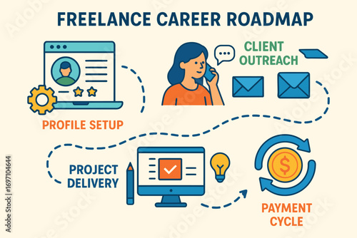 Freelance career roadmap illustrating key stages of business growth