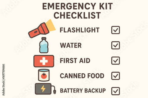 Emergency preparedness kit checklist with essential supplies illustrated