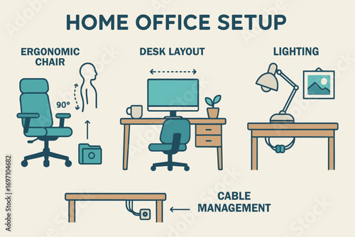 Home office setup ergonomic desk layout lighting and cable management