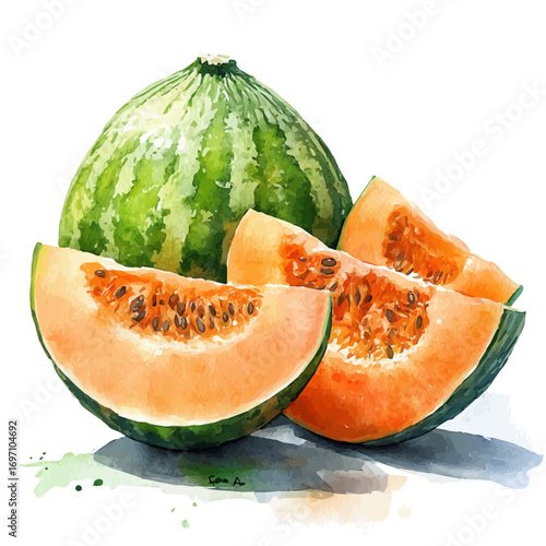 Melon, watercolor illustration vector, isolated on a white background.