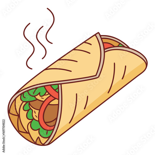 Cartoon Style Illustration of a Delicious Hot Dog Wrapped in a Tortilla with Steam burrito food