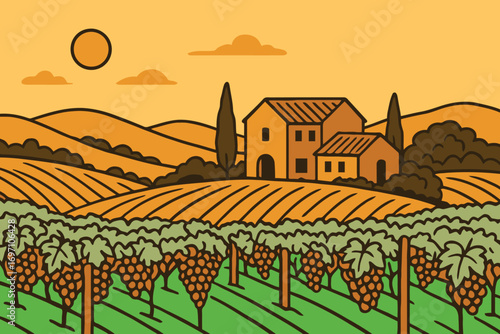 Italian vineyard landscape with rolling hills and farmhouse at sunset