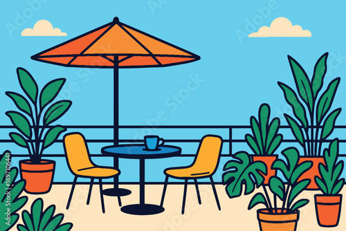 Cozy outdoor cafe seating with umbrella and potted plants