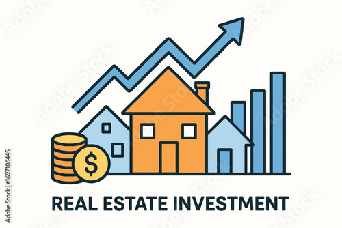 Real estate investment growth chart with houses and coins