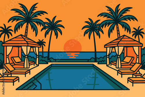 Tropical resort poolside cabanas with palm trees at sunset