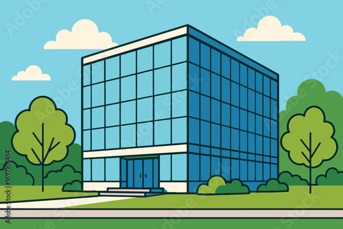 Modern glass office building with trees and blue sky background