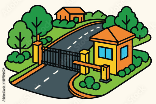 Gated entrance to a residential community with guardhouse and road