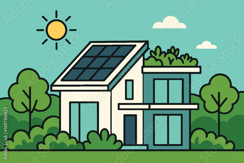 Modern eco friendly house with solar panels and green roof