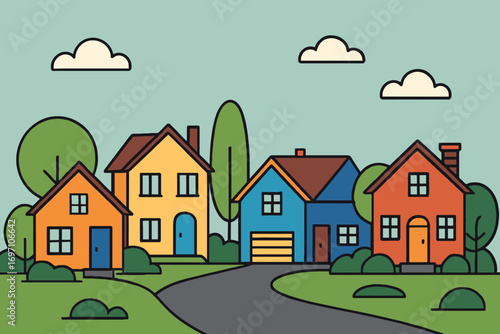 Charming cartoon houses on a quiet street with trees and clouds