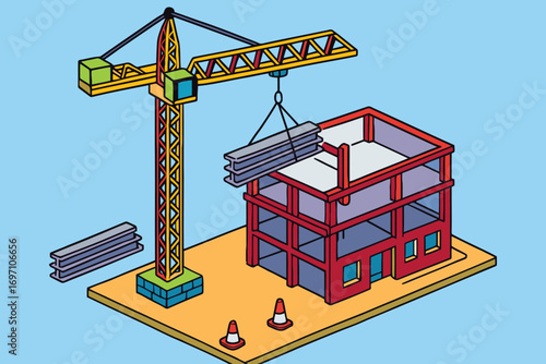 Construction crane lifting steel beams to build a modern building