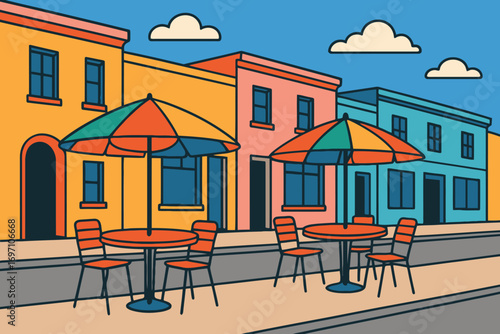 Colorful outdoor cafe seating with umbrellas on a sunny day