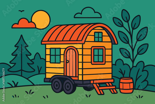 Charming tiny house on wheels in a lush forest landscape