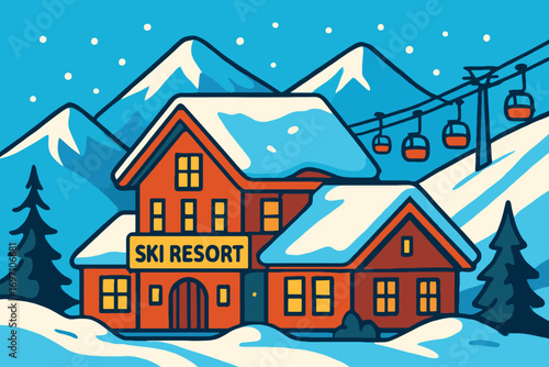 Cozy ski resort lodge nestled in snowy mountains with cable cars