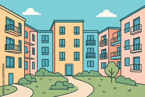 Colorful apartment buildings with balconies and green courtyard in a city