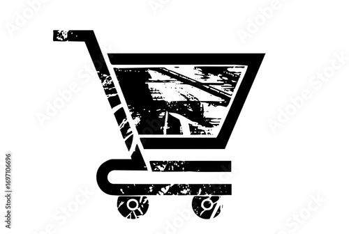 Vector Distressed shopping cart represents retail and consumerism.