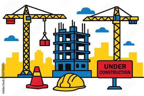 Construction site with cranes building safety gear and under construction sign