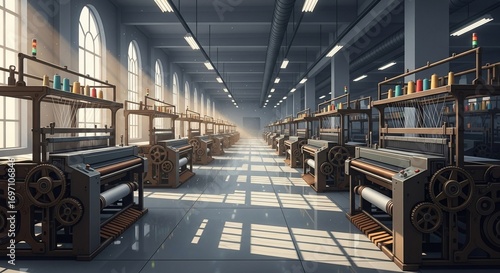 Industrial Weaving Mill Interior with Looms and Sunlight Shining Through Windows