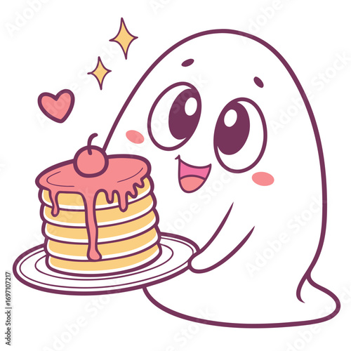 Happy cartoon ghost with cherry on top of pancakes and pink frosting holding
