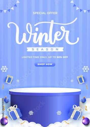 Poster Blue Winter Season Sale Promotion With Gift Boxes and Snow Decorations