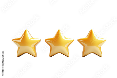 Golden stars in a row isolated on transparent background. Gold best star rating design element isolated on white background, 3d rendering.