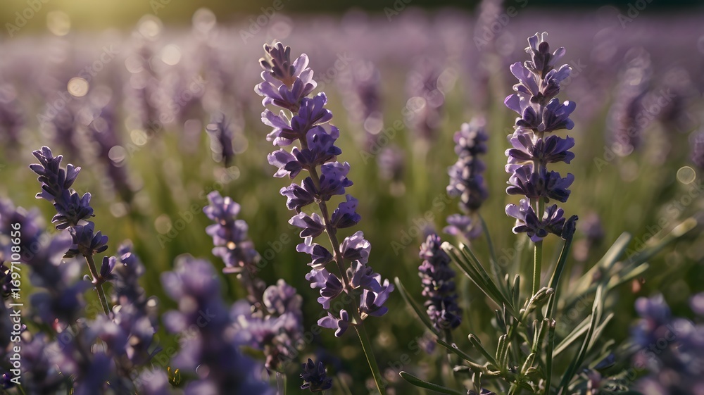 Fototapeta premium Lavender Flowers in Bloom at Sunset – Macro Closeup in a Vibrant Field