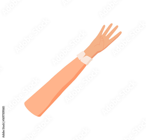 Flat cartoon gesture shows number four. Bare hand with open palm and four raised fingers creates a counting gesture. Professional and creative style, isolated for math, education, or preschool