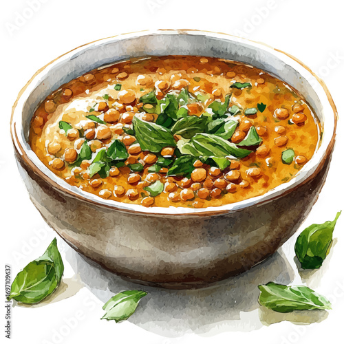 Lentil Soup, watercolor drawing vector, isolated on a white background.