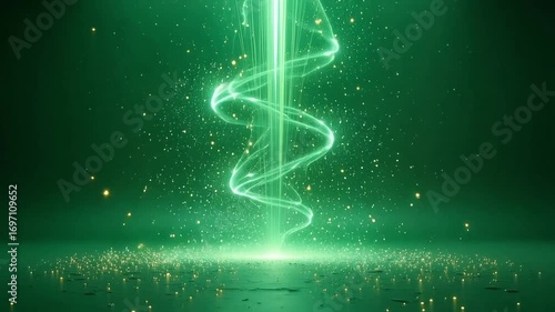 Vibrant green energy beam spirals upwards, scattering glowing particles in a mystical, abstract display.