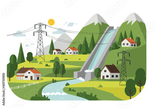 picturesque dam and valley scene showcases sustainable hydropower Rolling hills a river and charming houses illustrate a green energy flow Ideal for environmental and renewable energy concepts