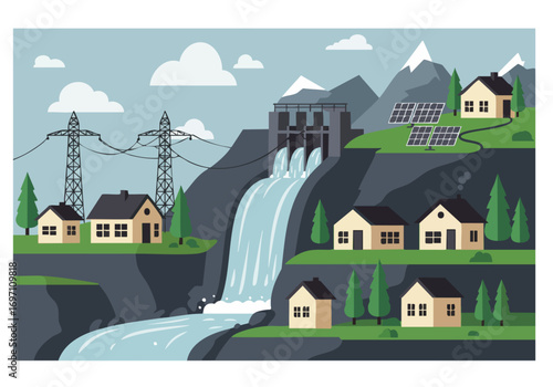 A picturesque landscape featuring a hydroelectric dam, waterfall, and charming houses. Solar panels and power lines highlight sustainable energy. A serene and inviting scene.