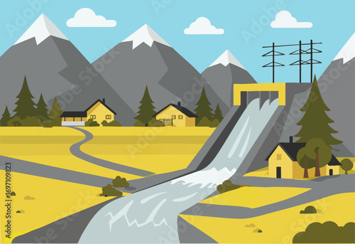 picturesque landscape featuring a hydroelectric dam mountains and rural homes  A fast-flowing stream highlights the natural beauty and power of the area  Ideal for nature energy and lifestyle themes
