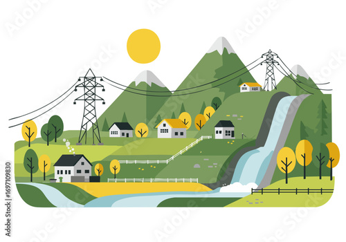 picturesque landscape depicts a rural village with homes nestled amongst mountains connected by power lines and a flowing river A bright sun adds warmth to the scene