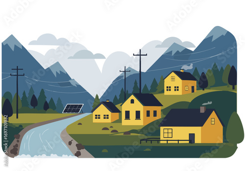 picturesque mountain village scene showcases homes powered by solar energy A serene river flows through the landscape highlighting a clean energy lifestyle  Bright inviting and commercially viable