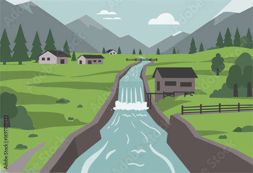 picturesque rural scene featuring a waterfall powering a small hydroelectric generator Rolling hills a green meadow and charming cottages create a serene eco-friendly landscape