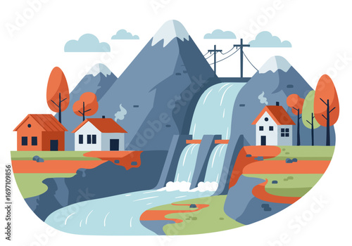 picturesque scene of a river flowing past a dam and charming village nestled beneath mountains A vibrant stylized illustration evokes a sense of tranquility and natural beauty