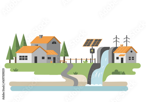 picturesque rural scene showcases sustainable energy with a waterfall powering homes and solar panels Modern architecture blends seamlessly with nature Ideal for eco-friendly concepts