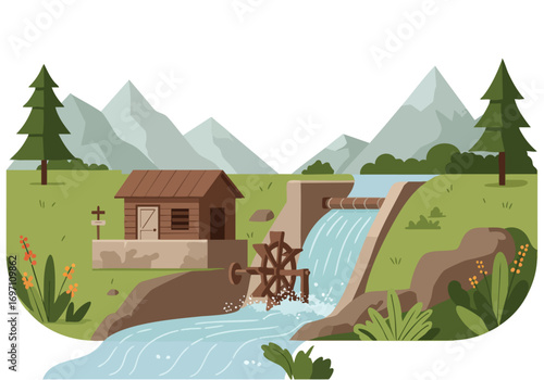 picturesque scene of a small hydroelectric dam nestled in a mountain landscape The flowing water powers a traditional water wheel showcasing sustainable stream power A serene and natural setting