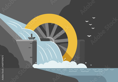 A powerful hydroelectric dam harnesses water flow, driving a large turbine. Dramatic waterfall backdrop. Modern industrial design.  Ideal for tech, energy, and sustainability visuals.