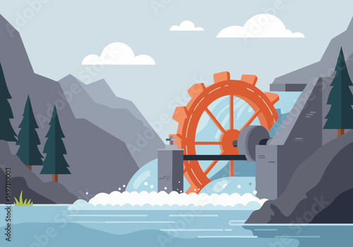 A stylized illustration depicts a hydropower dam with a water wheel, showcasing ?Smart Water Energy.?  A serene mountain backdrop adds visual appeal. Clean, modern design.