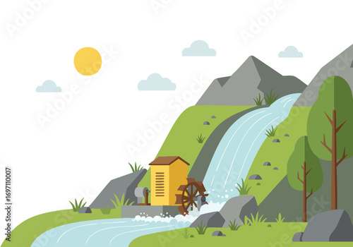 stylized illustration depicts a hydropower plant nestled in a green mountain landscape A waterfall feeds a water wheel showcasing sustainable energy Clean lines and vibrant colors