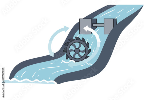 A stylized illustration depicts a water turbine generating power within a river channel. The expanding flow showcases hydropower technology. Clean, modern design.