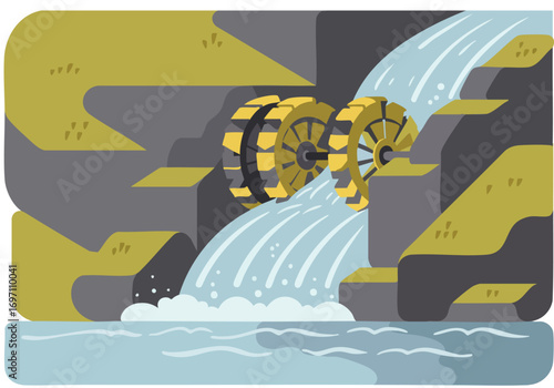A stylized illustration depicts a water wheel generating power from a cascading waterfall. Modern, graphic design style.  Ideal for tech or environmental themes.