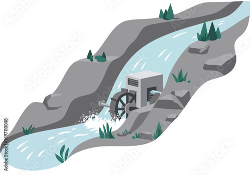 stylized illustration depicts a water wheel hydropower hub nestled within a river landscape The design showcases a modern clean aesthetic ideal for nature energy and sustainability themes