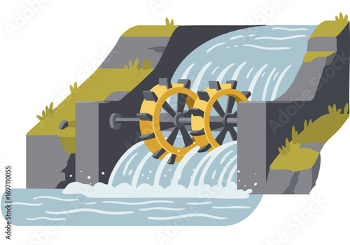 A stylized illustration depicts a water wheel hydropower system.  Bold colors and clean lines showcase a modern, efficient energy source.  Ideal for tech or environmental themes.