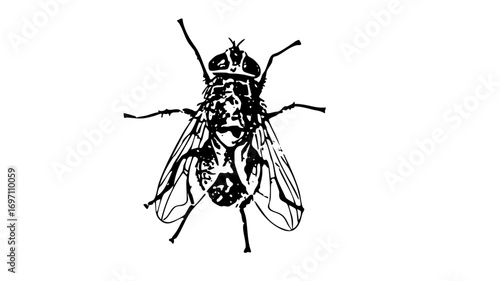 Vector Detailed black and white of a common housefly with visible wings and legs.