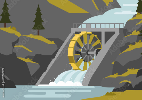 stylized illustration depicts a water wheel power station nestled within a scenic mountain landscape The vibrant colors and clean lines create a visually appealing and commercially viable image