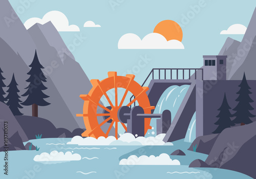 A stylized illustration depicts a water wheel power station nestled in a scenic mountain landscape. The vibrant design showcases ?Smart Water Energy? with a clear, modern aesthetic.
